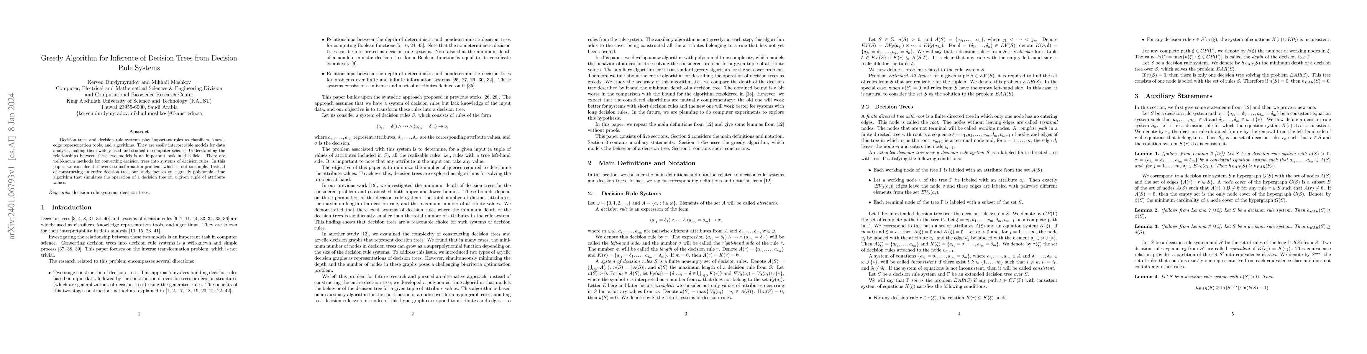 Thumbnail for Greedy Algorithm for Inference of Decision Trees from Decision Rule
  Systems