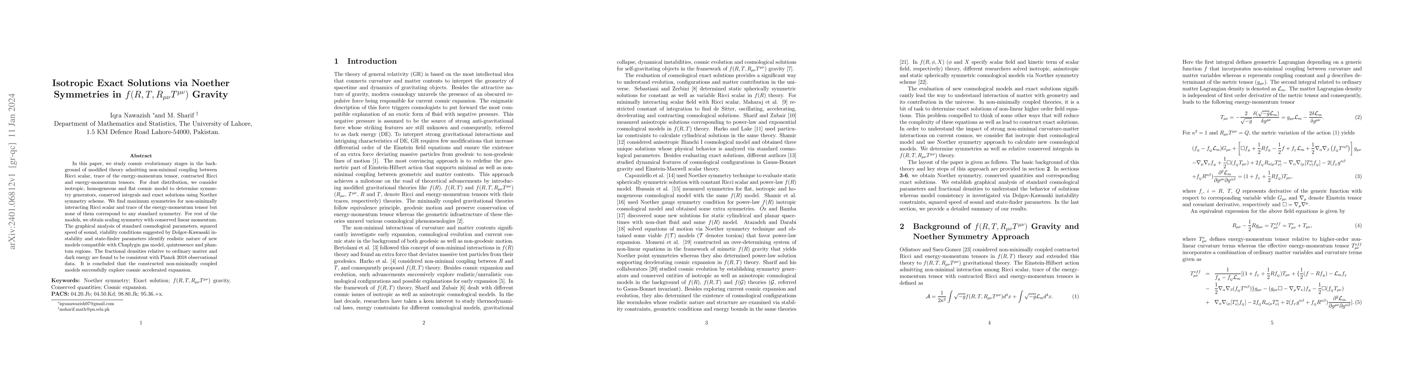 Thumbnail for Isotropic Exact Solutions via Noether Symmetries in
  $f(R,T,R_{\mu\nu}T^{\mu\nu})$ Gravity