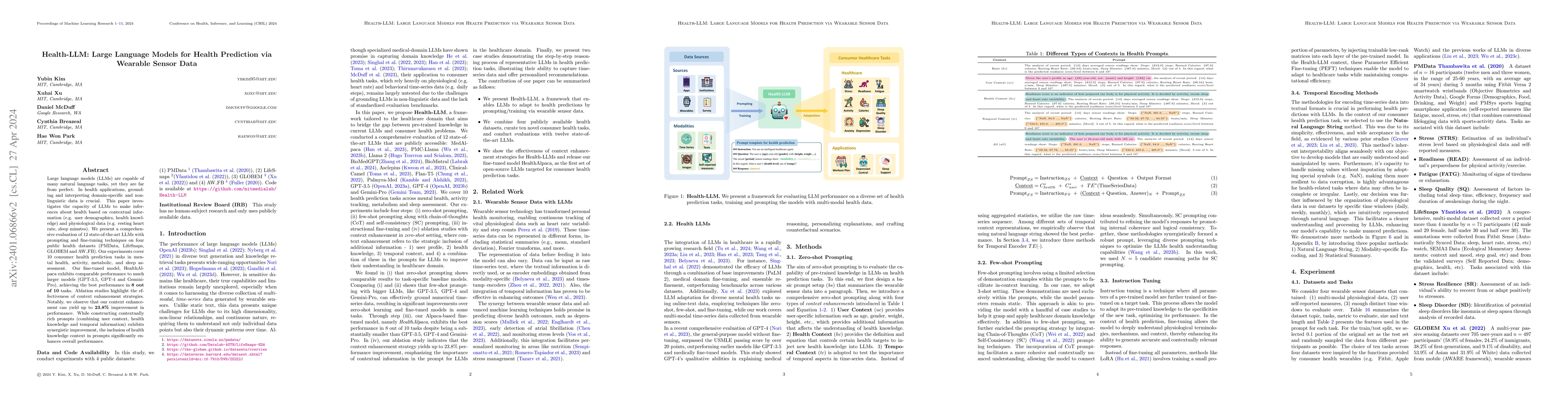 Thumbnail for Health-LLM: Large Language Models for Health Prediction via Wearable
  Sensor Data