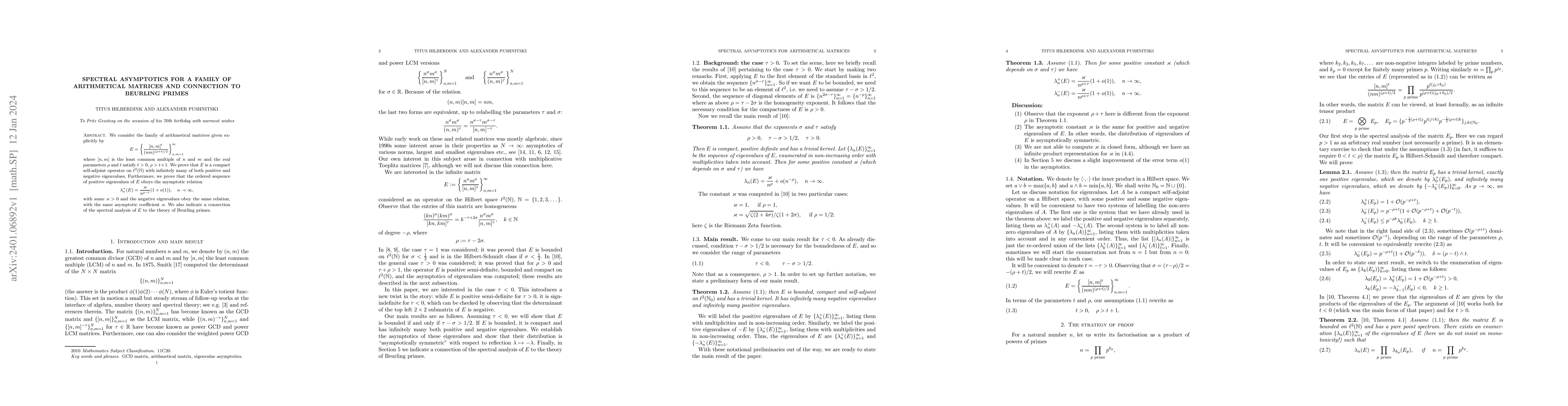 Thumbnail for Spectral asymptotics for a family of arithmetical matrices and
  connection to Beurling primes