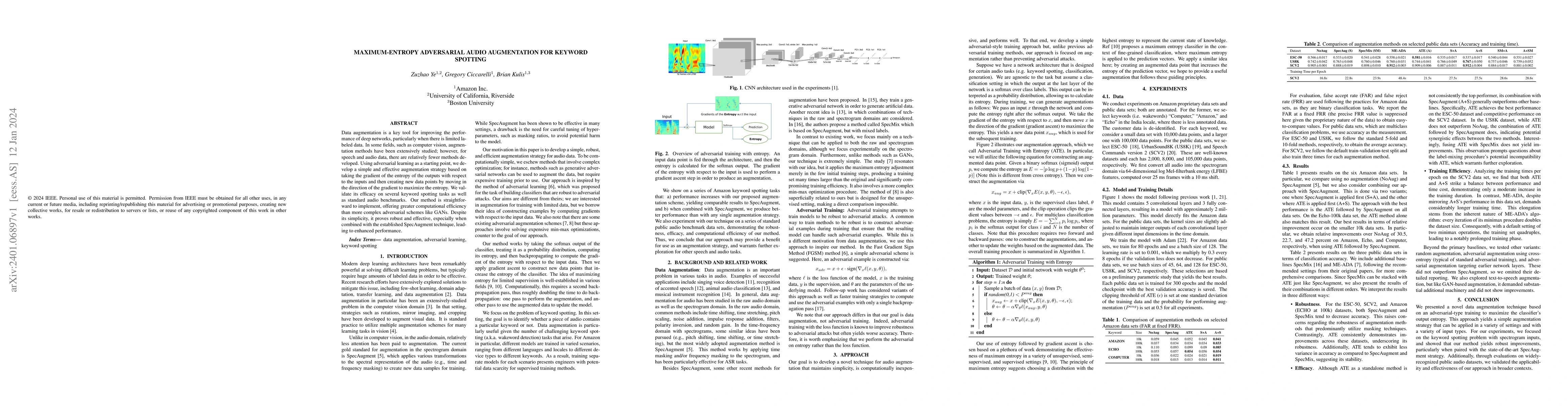 Thumbnail for Maximum-Entropy Adversarial Audio Augmentation for Keyword Spotting