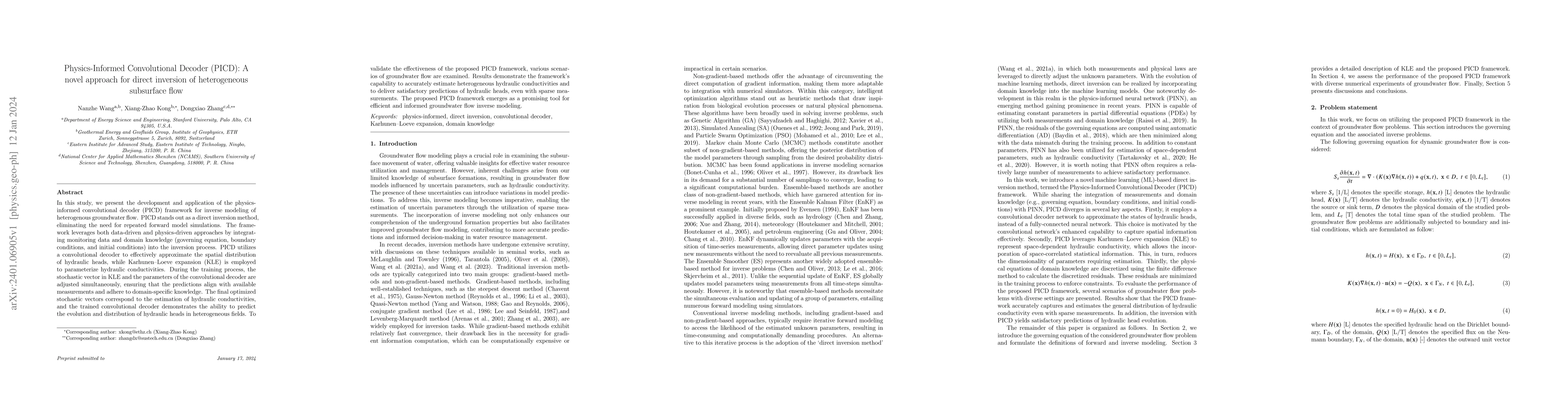 Thumbnail for Physics-Informed Convolutional Decoder (PICD): A novel approach for
  direct inversion of heterogeneous subsurface flow