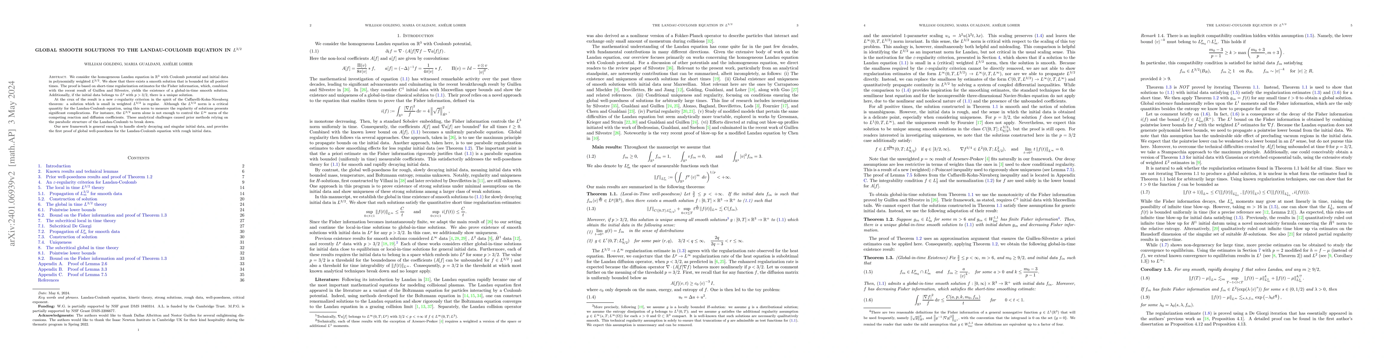 Thumbnail for Global smooth solutions to the Landau-Coulomb equation in $L^{3/2}$