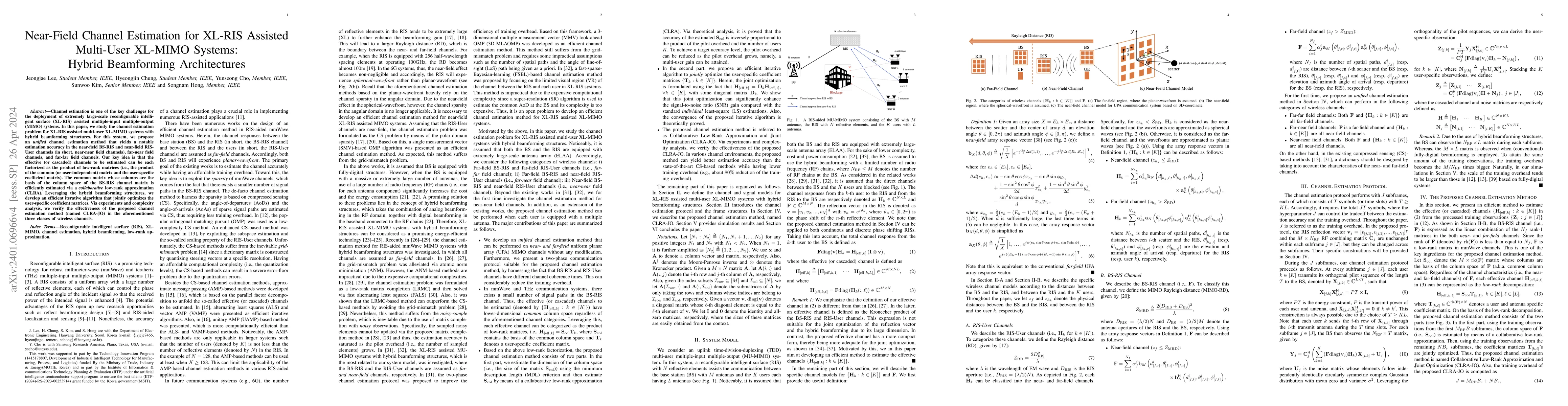 Thumbnail for Near-Field Channel Estimation for XL-RIS Assisted Multi-User XL-MIMO
  Systems: Hybrid Beamforming Architectures