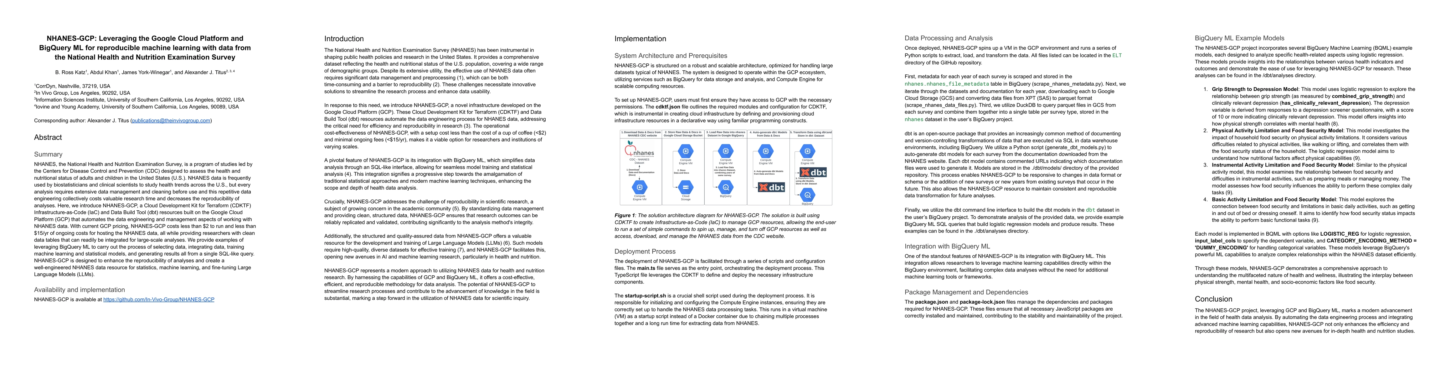 Thumbnail for NHANES-GCP: Leveraging the Google Cloud Platform and BigQuery ML for
  reproducible machine learning with data from the National Health and
  Nutrition Examination Survey