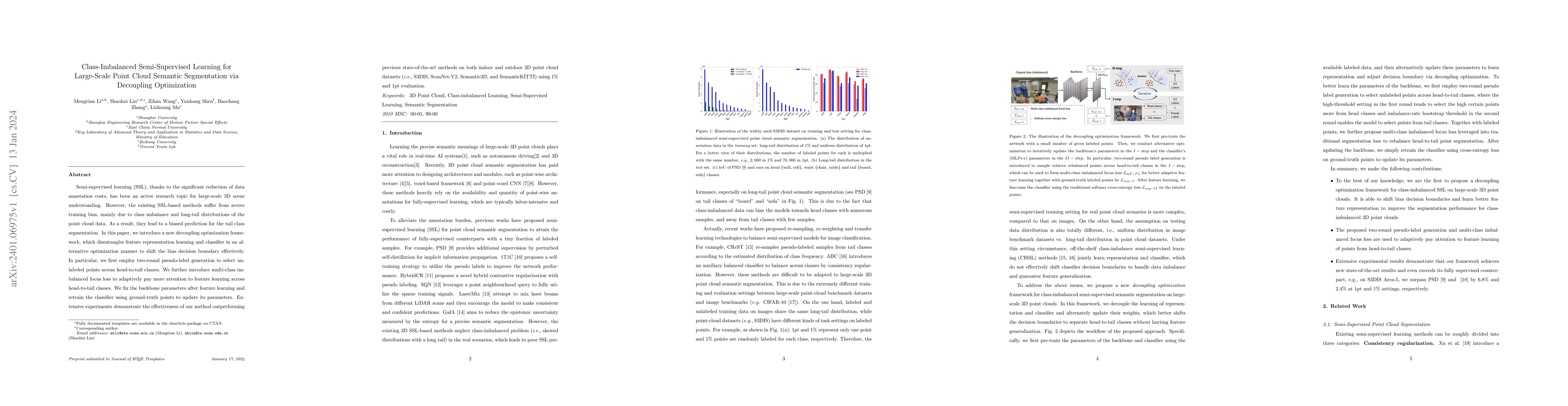 Thumbnail for Class-Imbalanced Semi-Supervised Learning for Large-Scale Point Cloud
  Semantic Segmentation via Decoupling Optimization