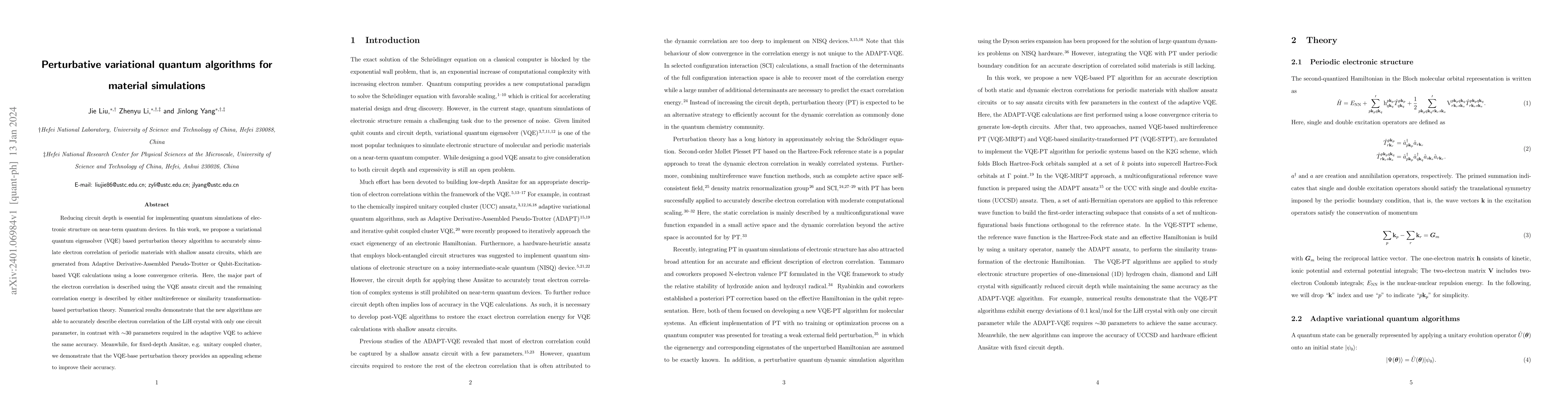 Thumbnail for Perturbative variational quantum algorithms for material simulations