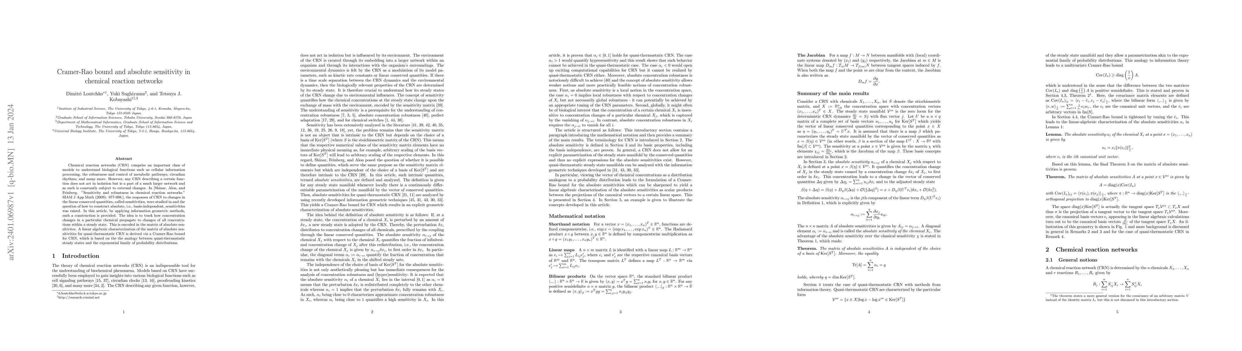 Thumbnail for Cramer-Rao bound and absolute sensitivity in chemical reaction networks