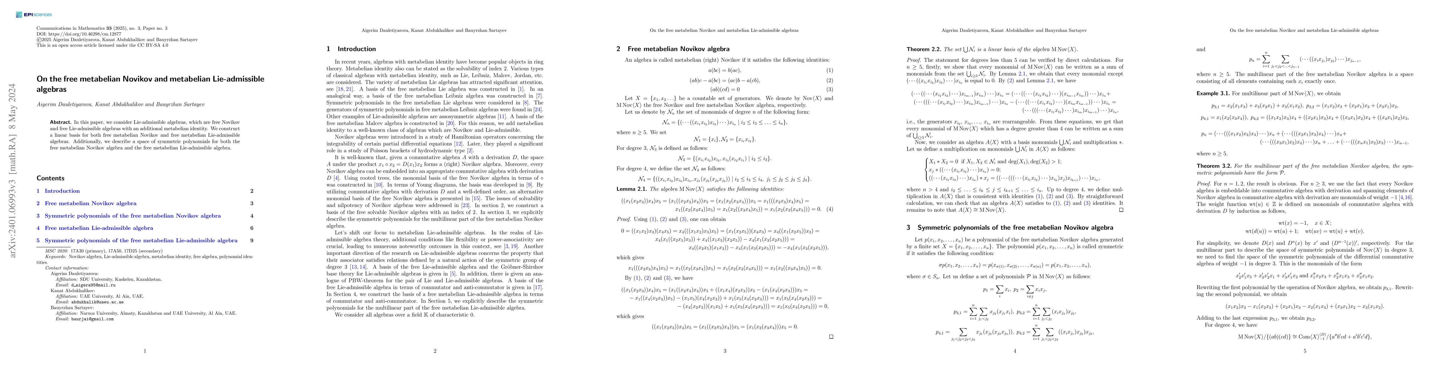 Thumbnail for On the free metabelian Novikov and metabelian Lie-admissible algebras