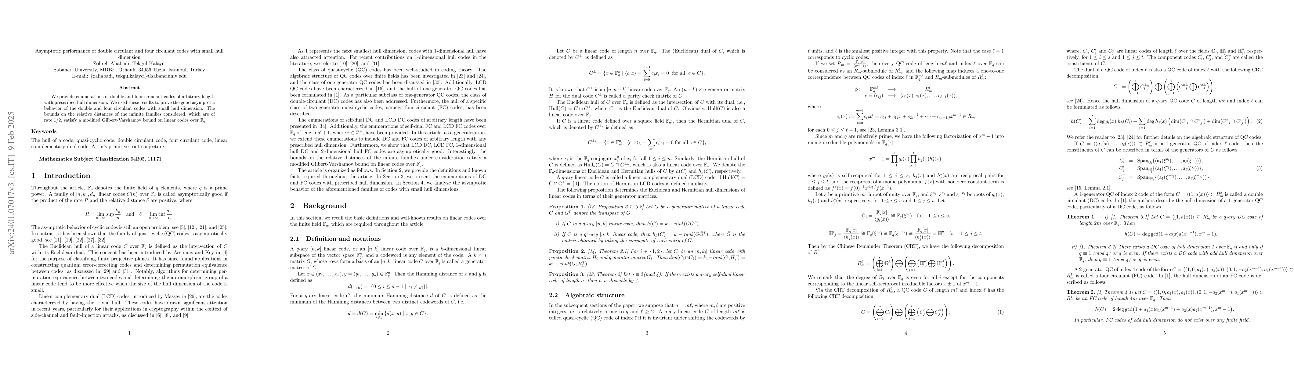 Thumbnail for Asymptotic performance of double and four circulant codes with small
  hull dimension