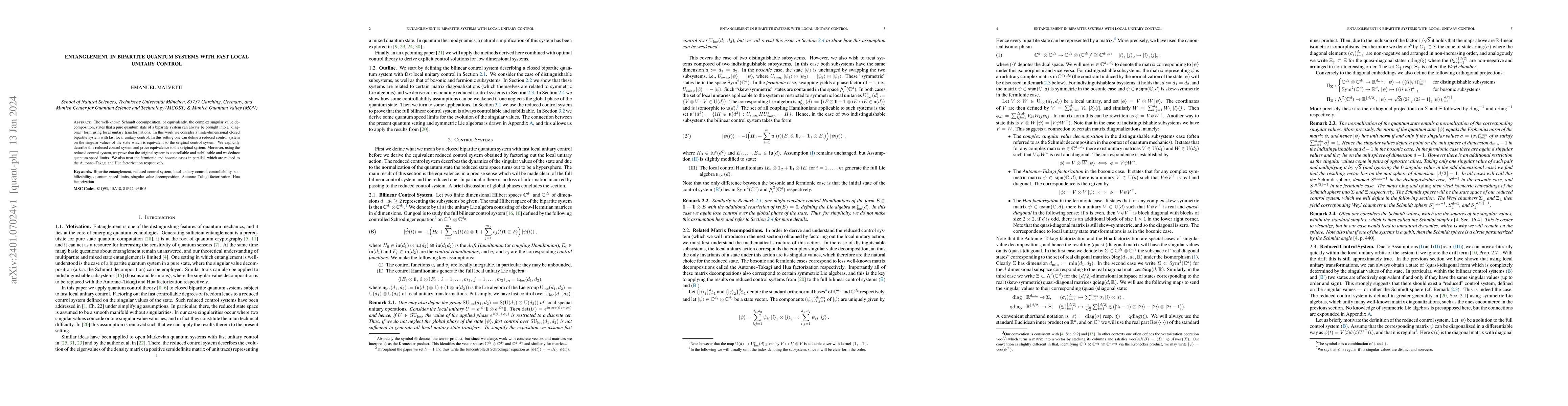 Thumbnail for Entanglement in Bipartite Quantum Systems with Fast Local Unitary
  Control