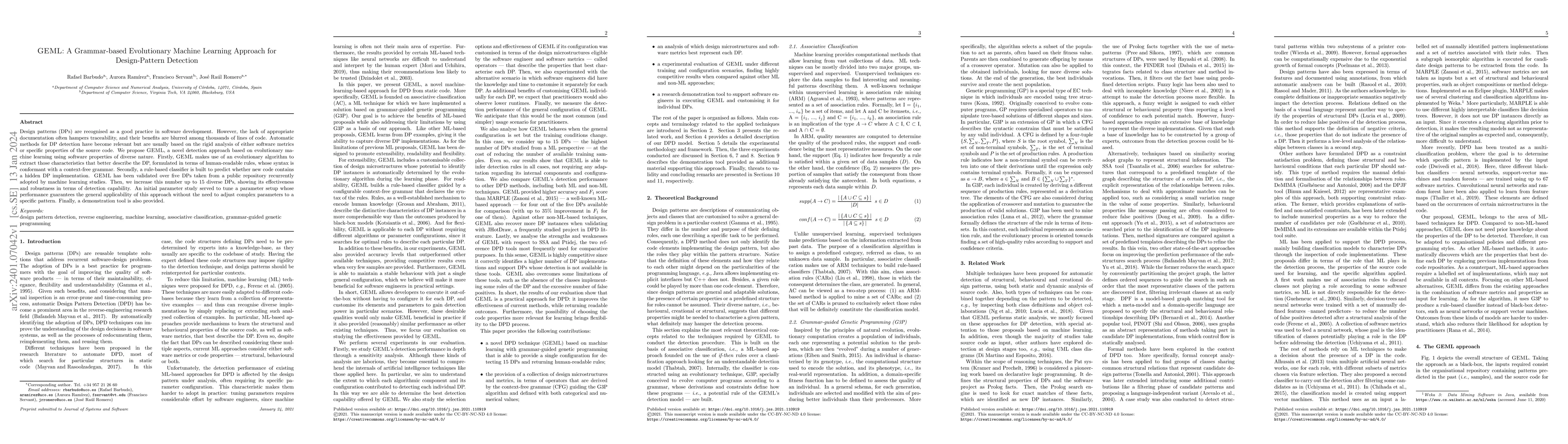 Thumbnail for GEML: A Grammar-based Evolutionary Machine Learning Approach for
  Design-Pattern Detection