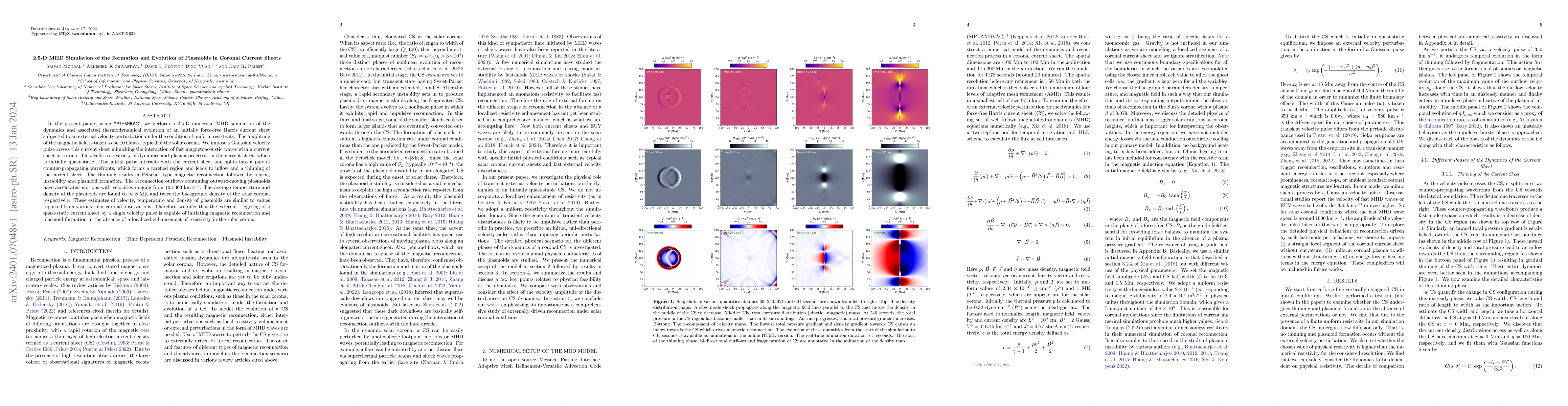 Thumbnail for 2.5-D MHD Simulation of the Formation and Evolution of Plasmoids in
  Coronal Current Sheets