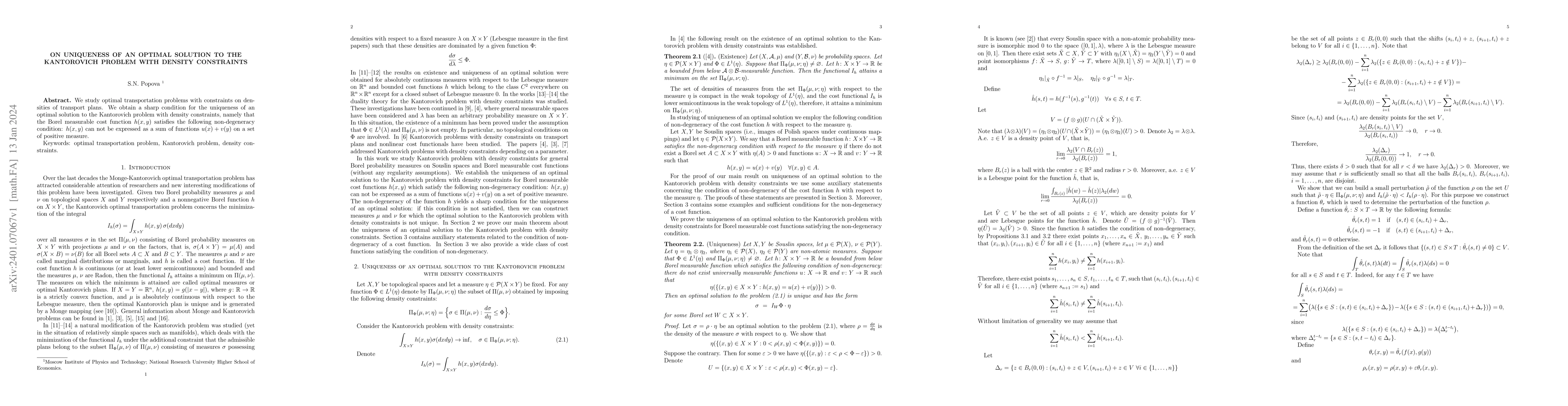 Thumbnail for On uniqueness of an optimal solution to the Kantorovich problem with
  density constraints