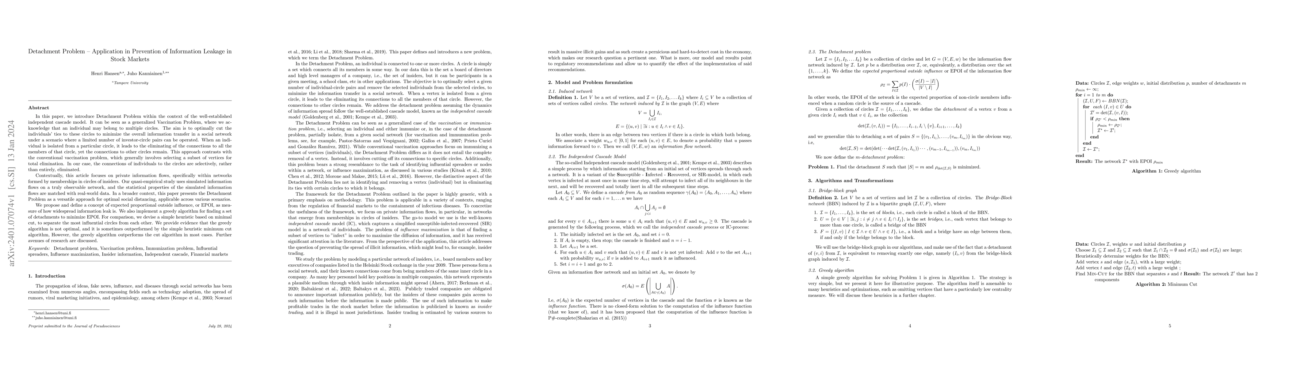 Thumbnail for Detachment Problem -- Application in Prevention of Information Leakage
  in Stock Markets