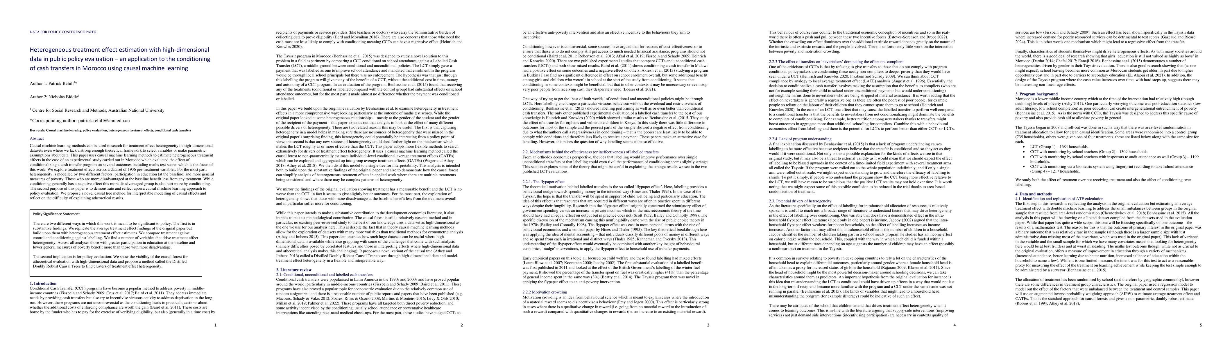 Thumbnail for Heterogeneous treatment effect estimation with high-dimensional data in
  public policy evaluation -- an application to the conditioning of cash
  transfers in Morocco using causal machine learning