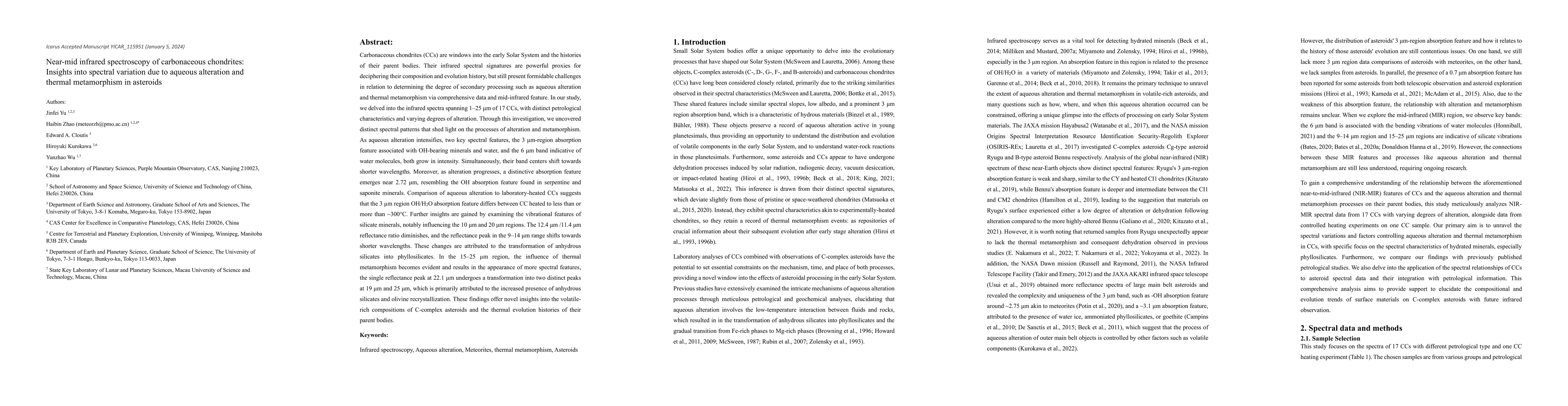 Thumbnail for Near-mid infrared spectroscopy of carbonaceous chondrites: Insights into
  spectral variation due to aqueous alteration and thermal metamorphism in
  asteroids