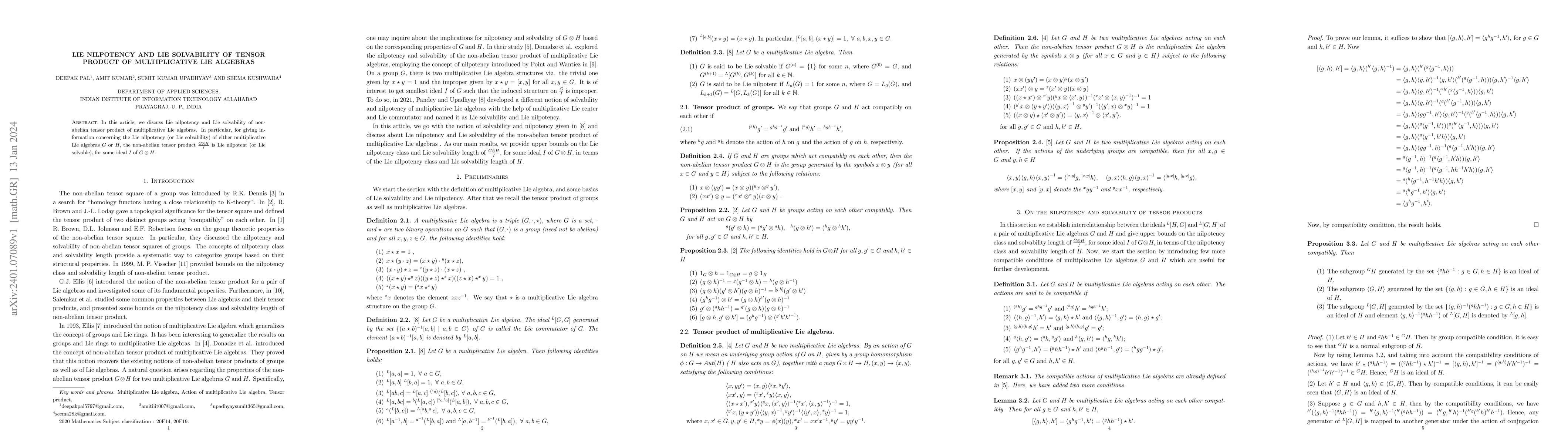Thumbnail for Lie nilpotency and Lie solvability of tensor product of multiplicative
  Lie algebras