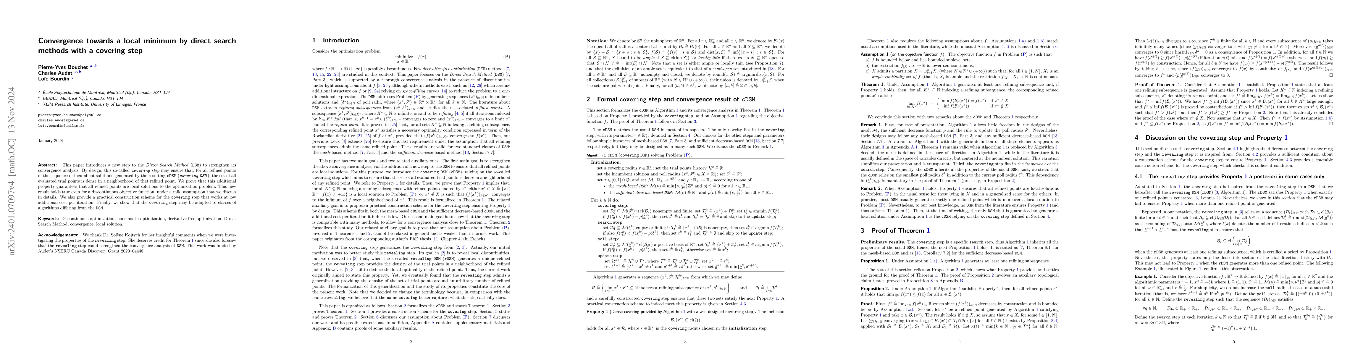 Thumbnail for Convergence towards a local minimum by direct search methods with a
  covering step