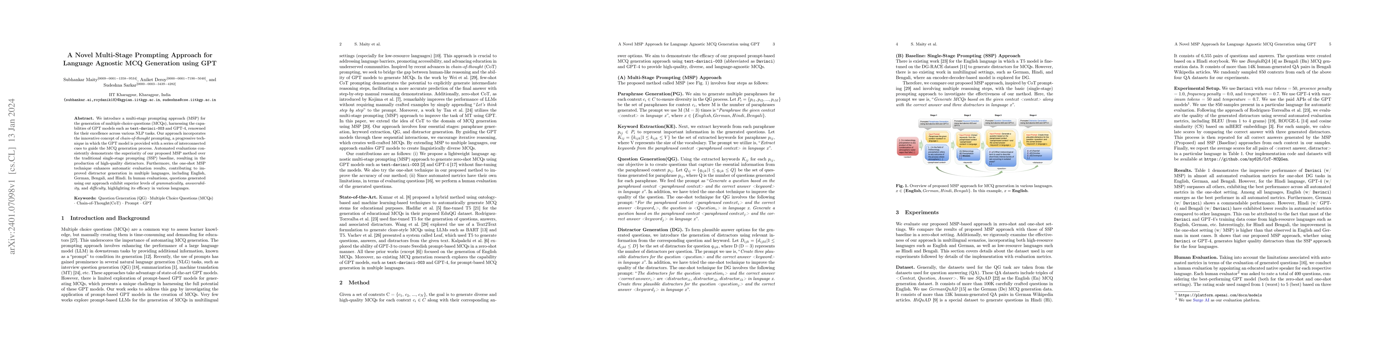 Thumbnail for A Novel Multi-Stage Prompting Approach for Language Agnostic MCQ
  Generation using GPT