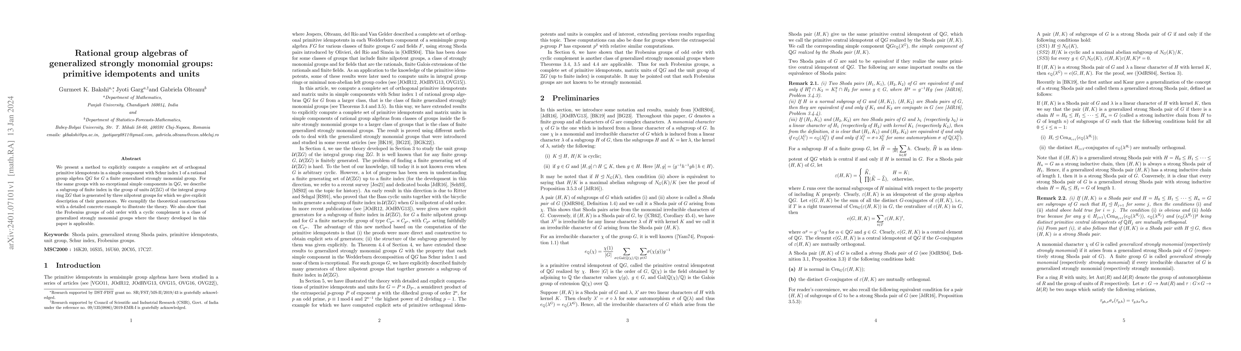 Thumbnail for Rational group algebras of generalized strongly monomial groups:
  primitive idempotents and units