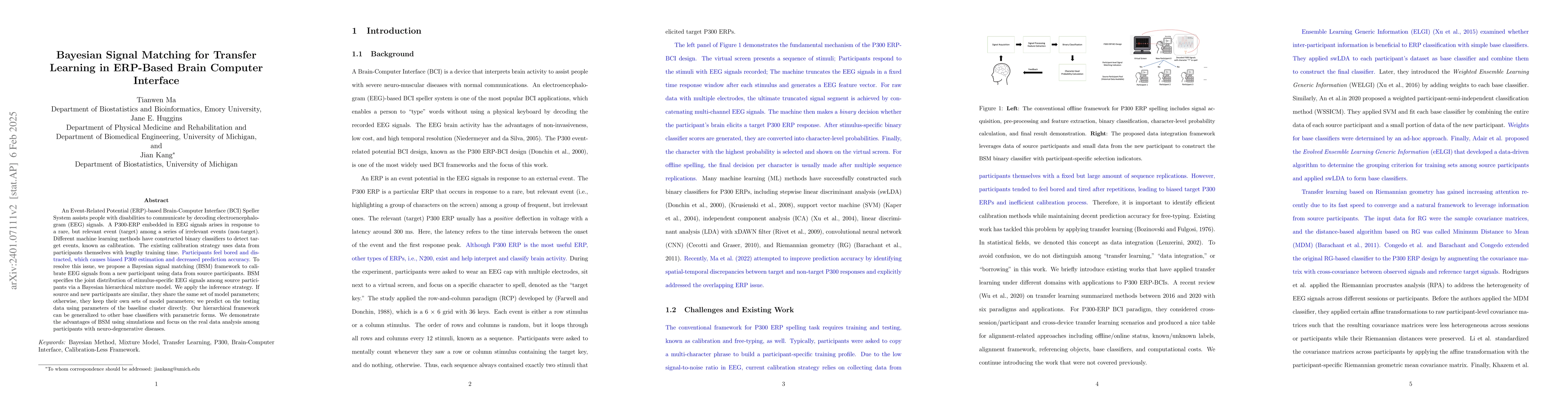 Thumbnail for Bayesian Signal Matching for Transfer Learning in ERP-Based Brain
  Computer Interface