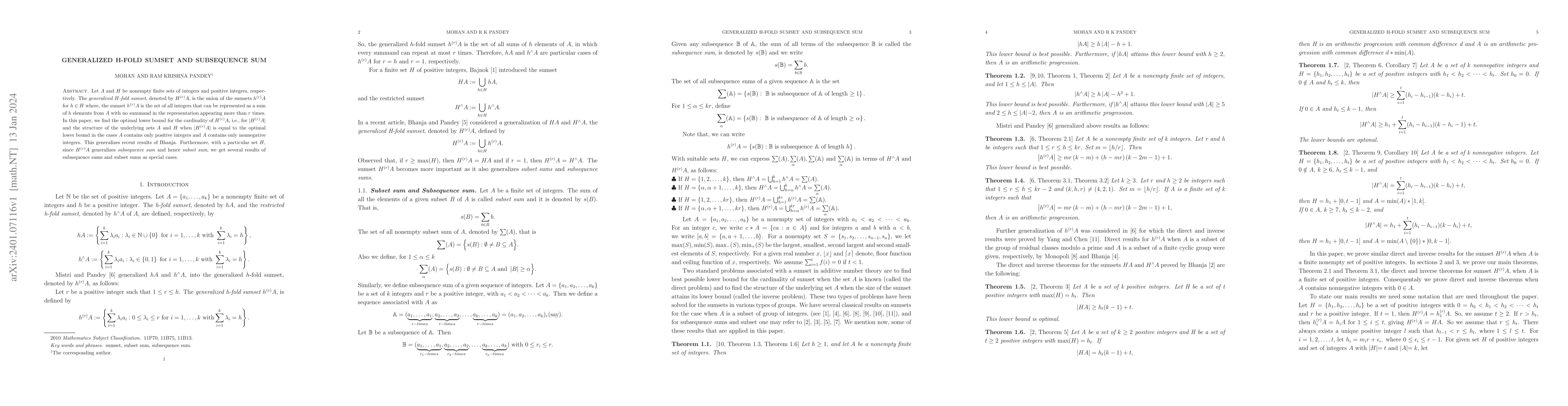 Thumbnail for Generalized H-fold sumset and Subsequence sum