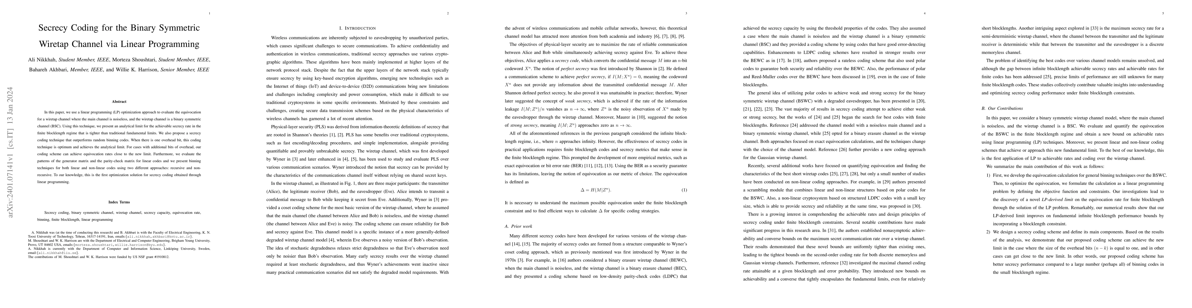 Thumbnail for Secrecy Coding for the Binary Symmetric Wiretap Channel via Linear
  Programming