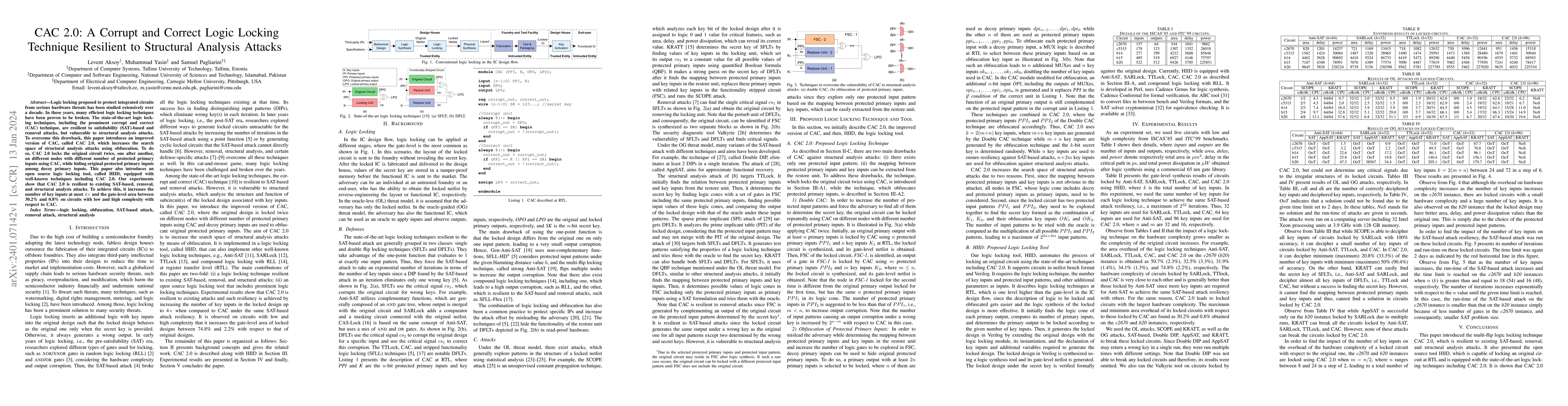 Thumbnail for CAC 2.0: A Corrupt and Correct Logic Locking Technique Resilient to
  Structural Analysis Attacks