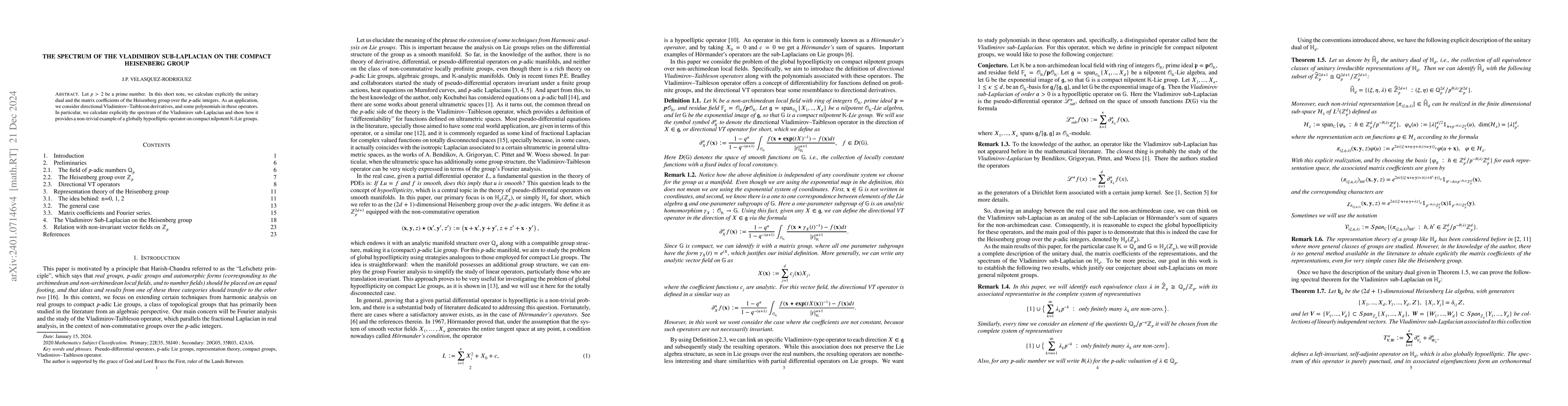 Thumbnail for The spectrum of the Vladimirov sub-Laplacian on the compact Heisenberg
  group