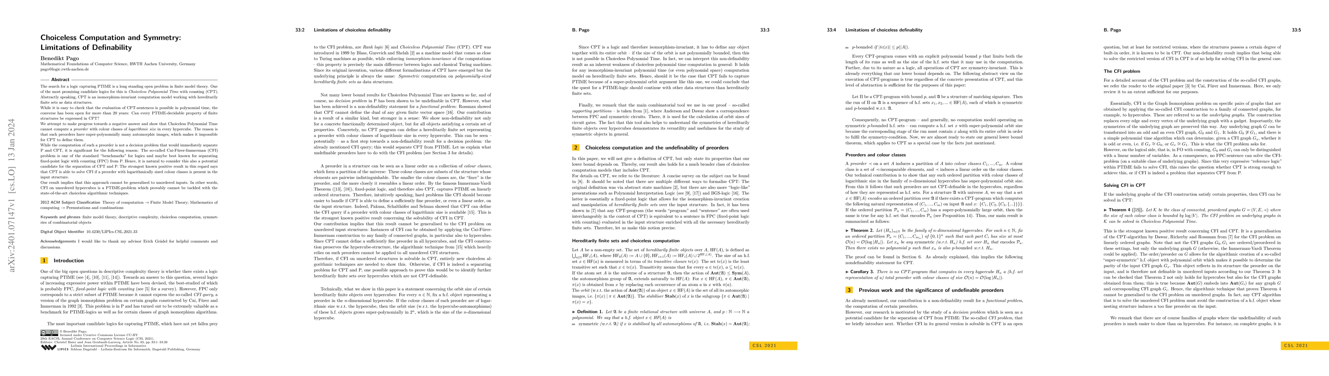Thumbnail for Choiceless Computation and Symmetry: Limitations of Definability