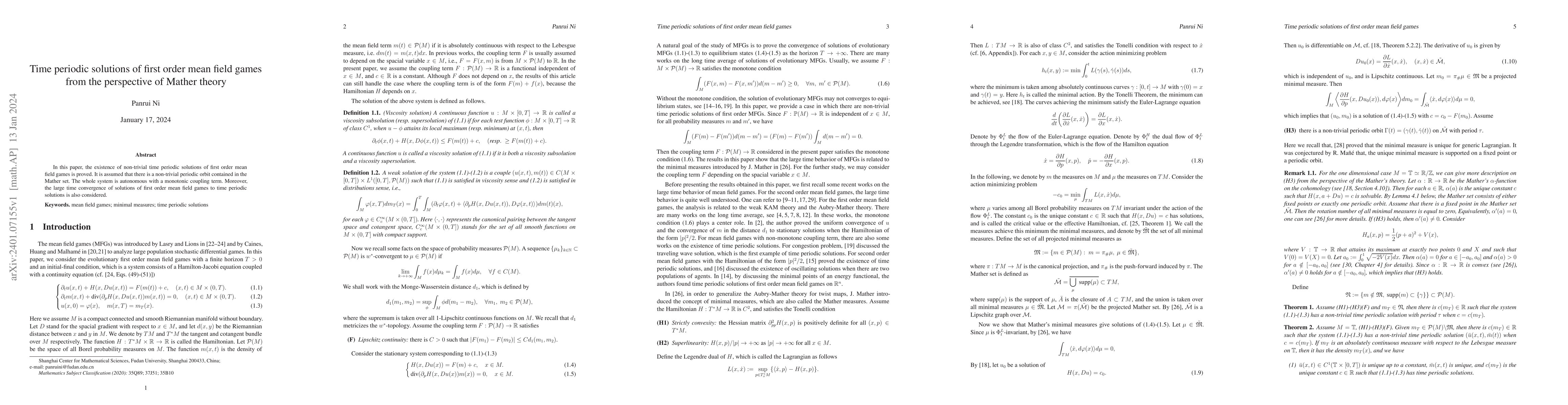 Thumbnail for Time periodic solutions of first order mean field games from the
  perspective of Mather theory