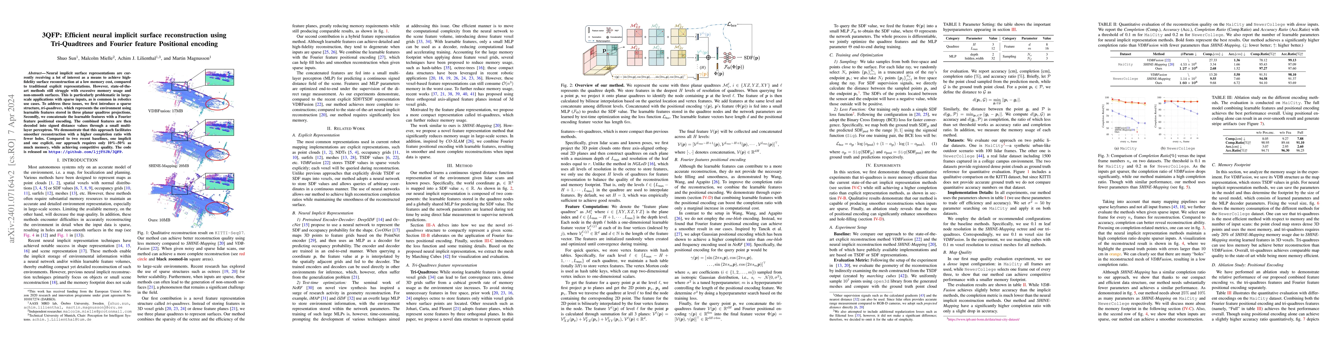 Thumbnail for 3QFP: Efficient neural implicit surface reconstruction using
  Tri-Quadtrees and Fourier feature Positional encoding