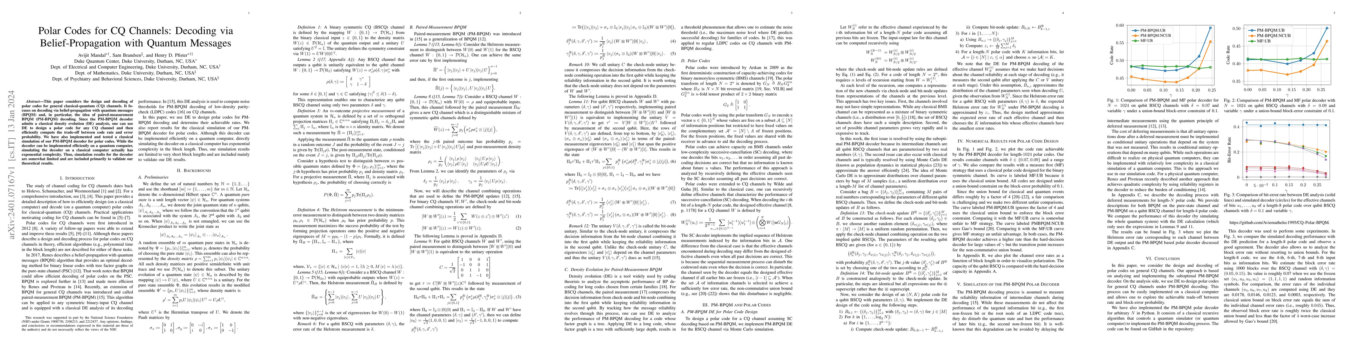 Thumbnail for Polar Codes for CQ Channels: Decoding via Belief-Propagation with
  Quantum Messages