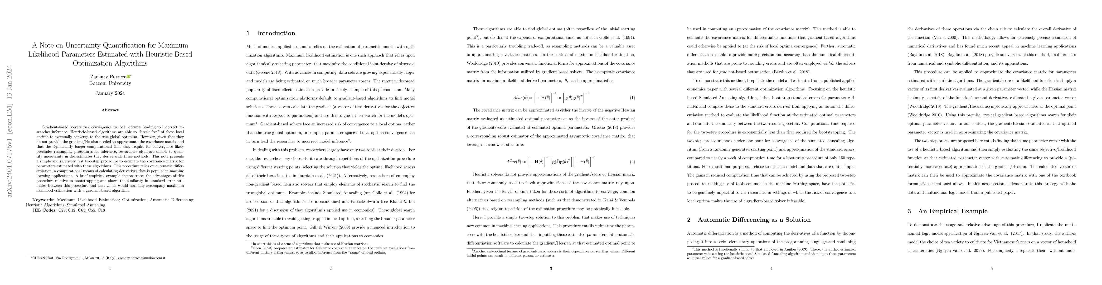 Thumbnail for A Note on Uncertainty Quantification for Maximum Likelihood Parameters
  Estimated with Heuristic Based Optimization Algorithms