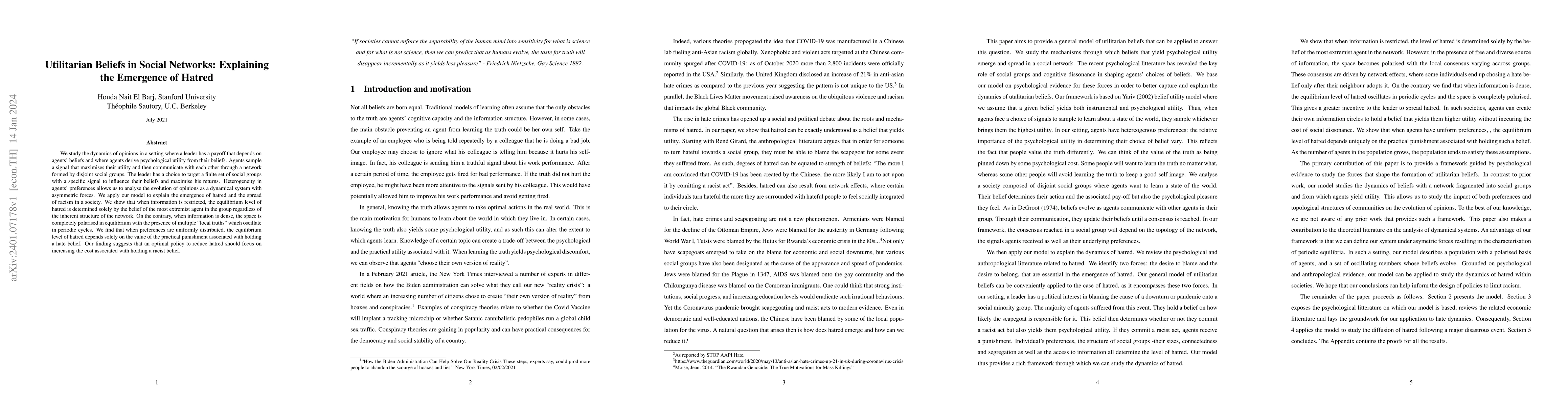 Thumbnail for Utilitarian Beliefs in Social Networks: Explaining the Emergence of
  Hatred