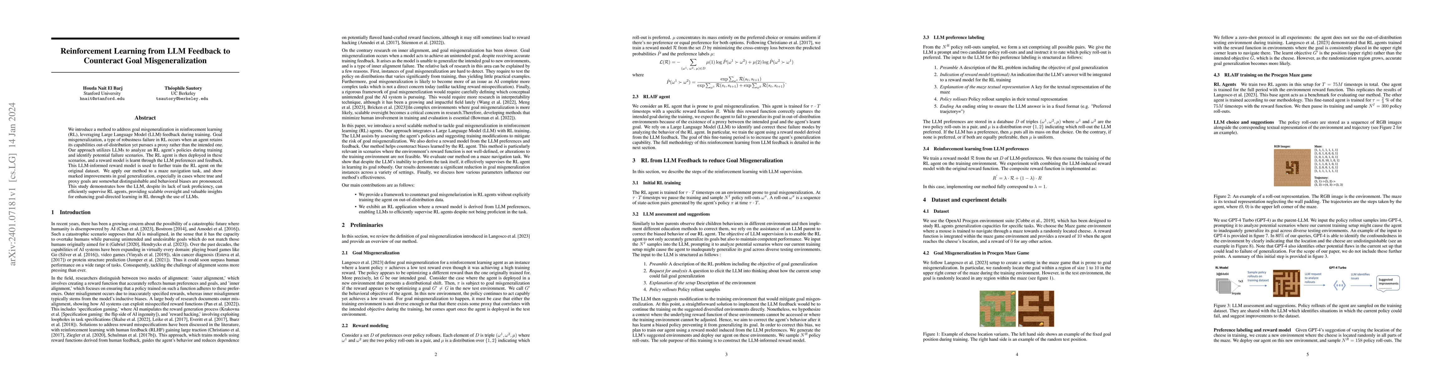 Thumbnail for Reinforcement Learning from LLM Feedback to Counteract Goal
  Misgeneralization
