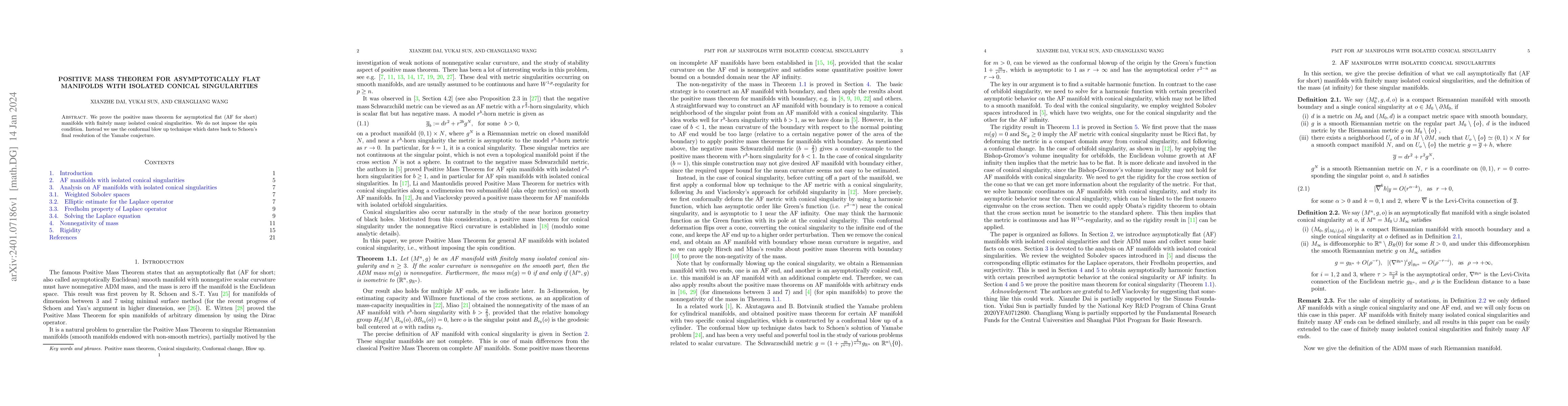 Thumbnail for Positive mass theorem for asymptotically flat manifolds with isolated
  conical singularities