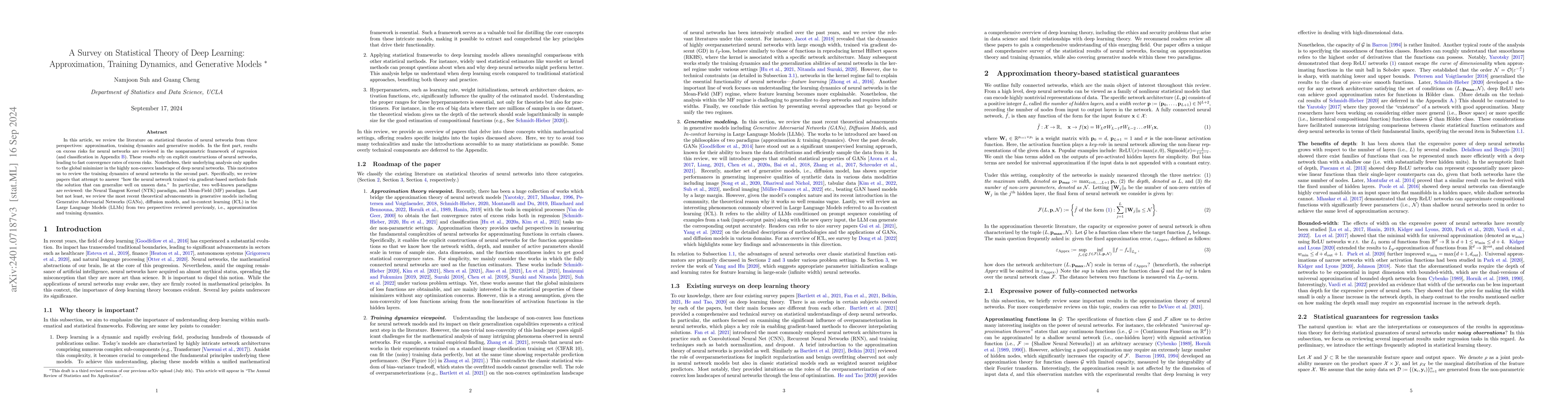 Thumbnail for A Survey on Statistical Theory of Deep Learning: Approximation, Training
  Dynamics, and Generative Models