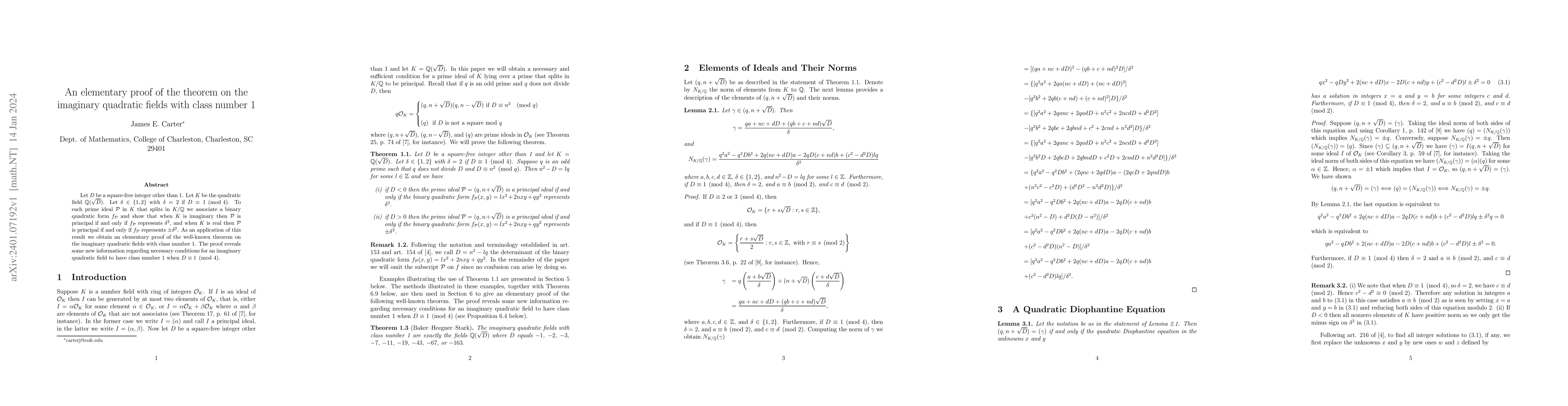 Thumbnail for An elementary proof of the theorem on the imaginary quadratic fields
  with class number 1