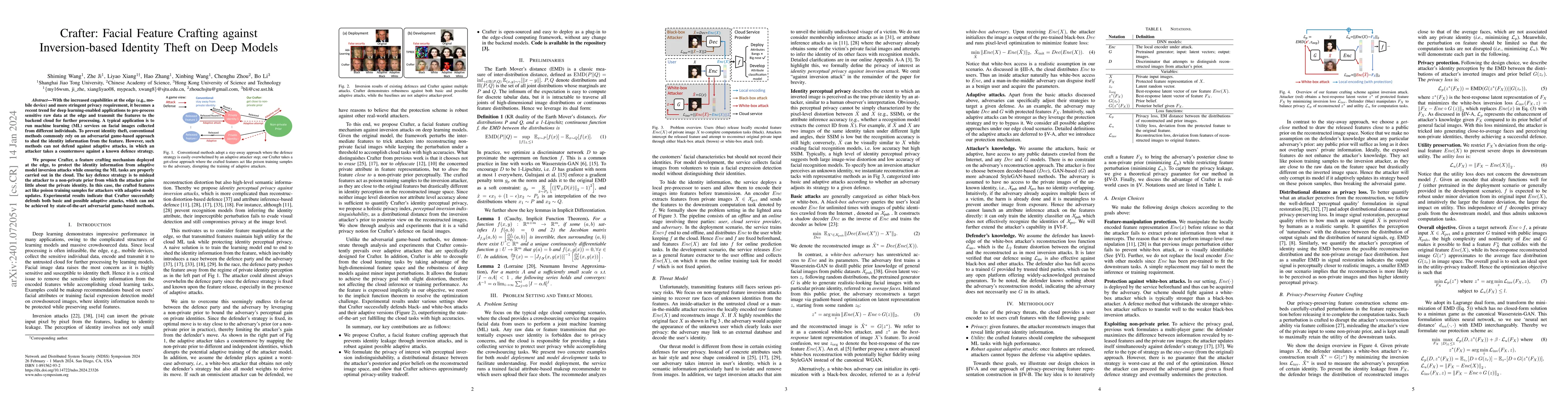Thumbnail for Crafter: Facial Feature Crafting against Inversion-based Identity Theft
  on Deep Models