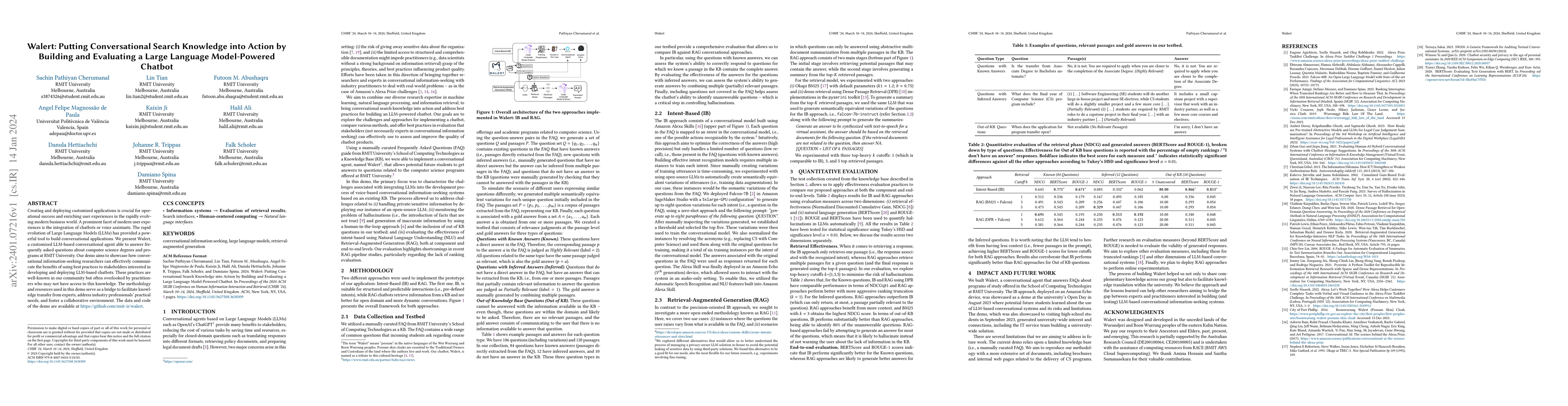 Thumbnail for Walert: Putting Conversational Search Knowledge into Action by Building
  and Evaluating a Large Language Model-Powered Chatbot