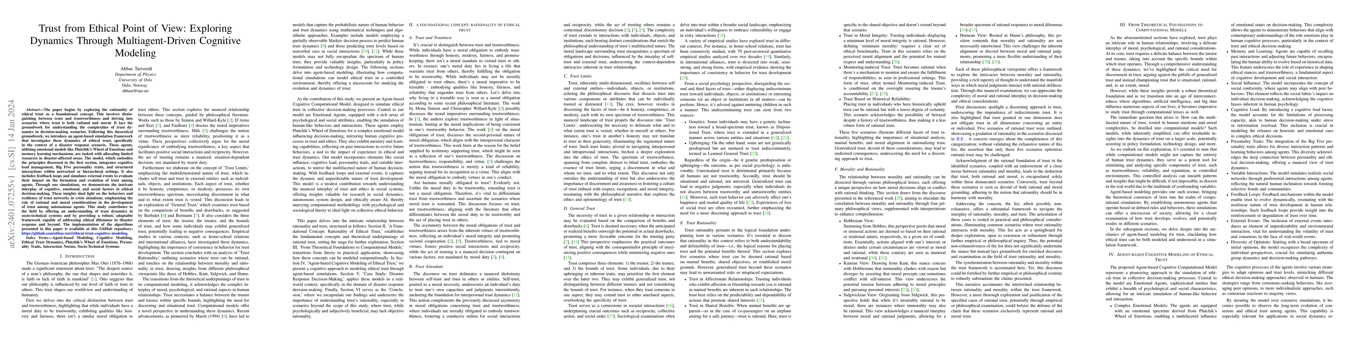 Thumbnail for Trust from Ethical Point of View: Exploring Dynamics Through
  Multiagent-Driven Cognitive Modeling