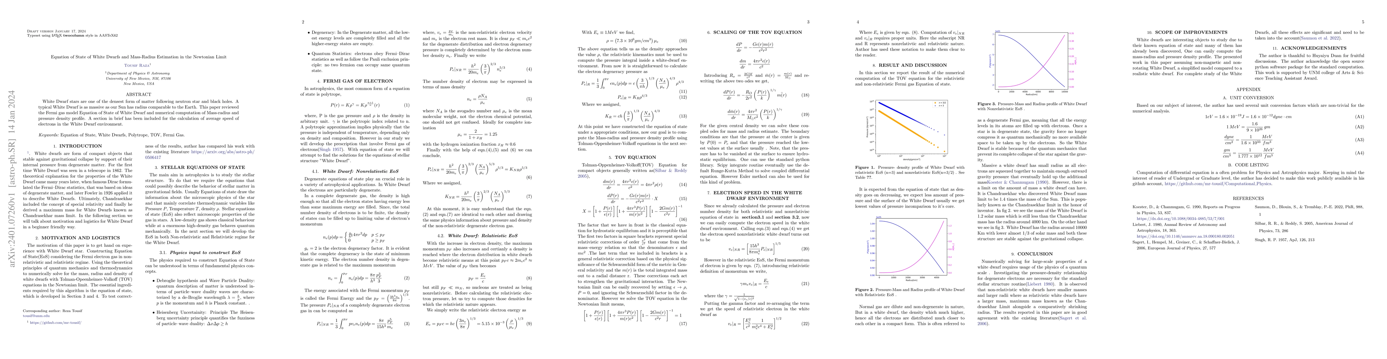 Thumbnail for Equation of State of White Dwarfs and Mass-Radius Estimation in the
  Newtonian Limit