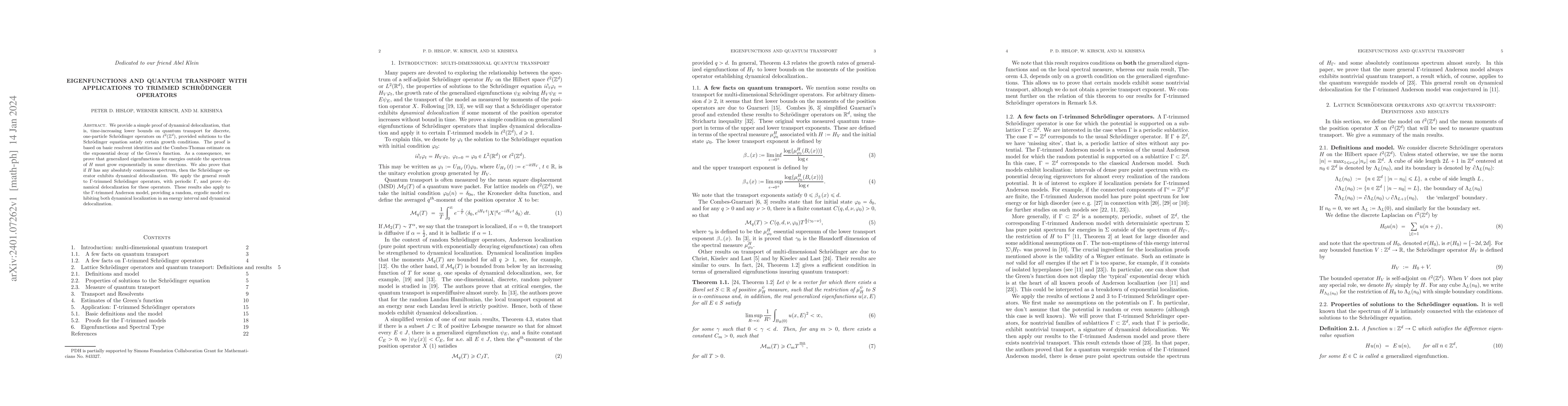 Thumbnail for Eigenfunctions and Quantum Transport with Applications to Trimmed
  Schrodinger Operators