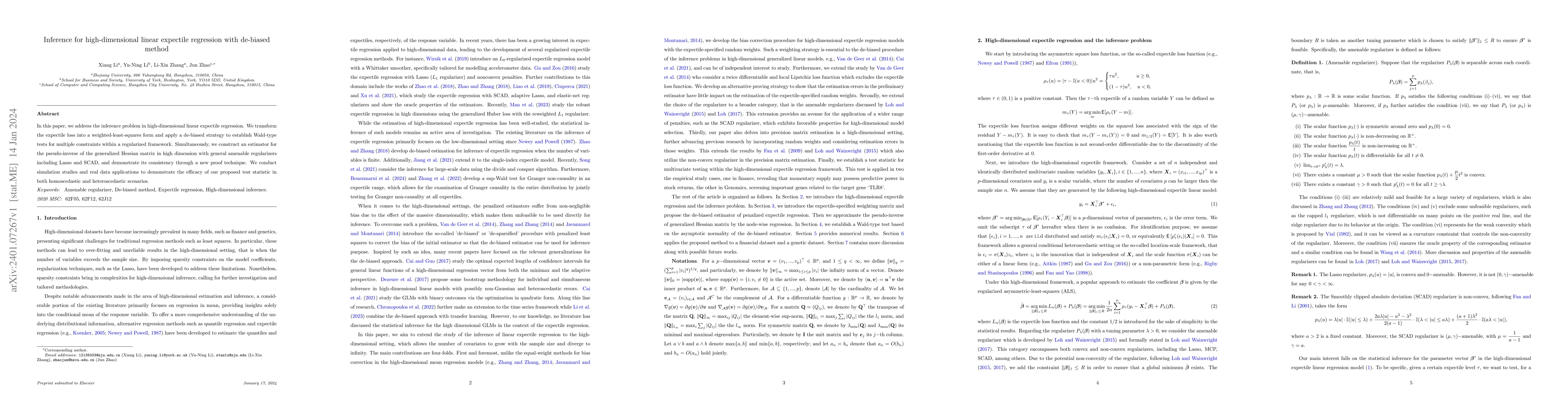 Thumbnail for Inference for high-dimensional linear expectile regression with
  de-biased method