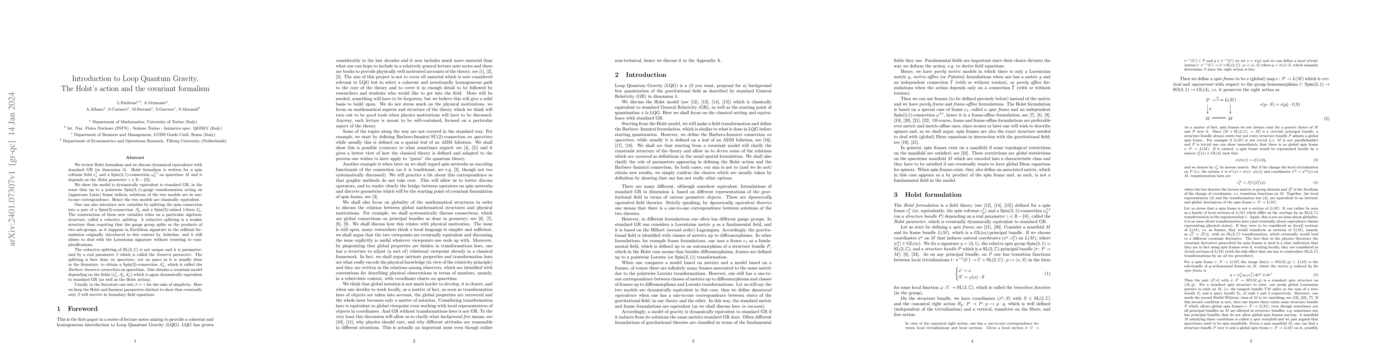 Thumbnail for Introduction to Loop Quantum Gravity. The Holst's action and the
  covariant formalism