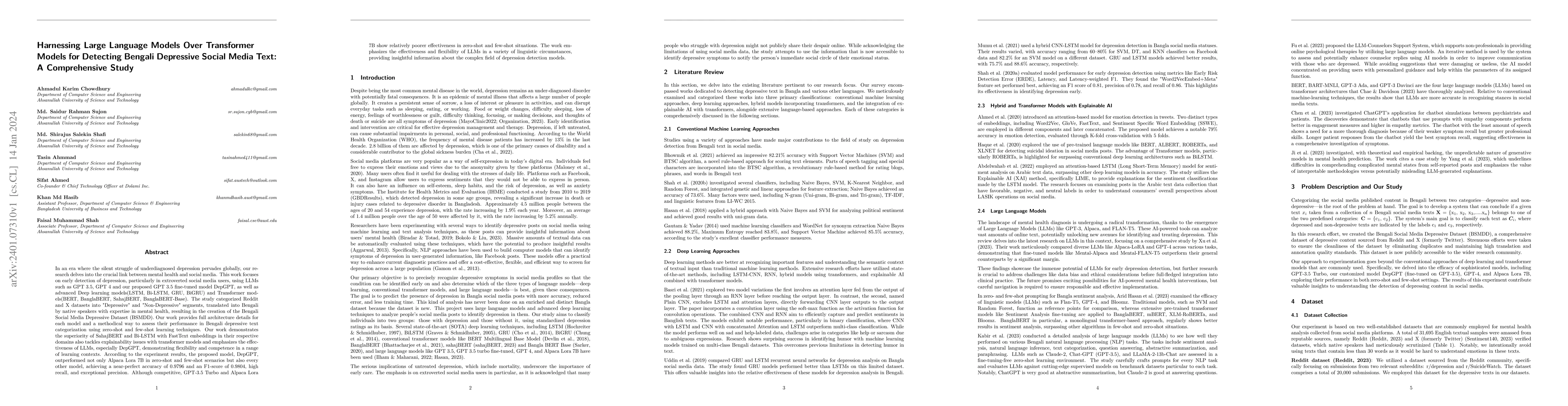 Thumbnail for Harnessing Large Language Models Over Transformer Models for Detecting
  Bengali Depressive Social Media Text: A Comprehensive Study