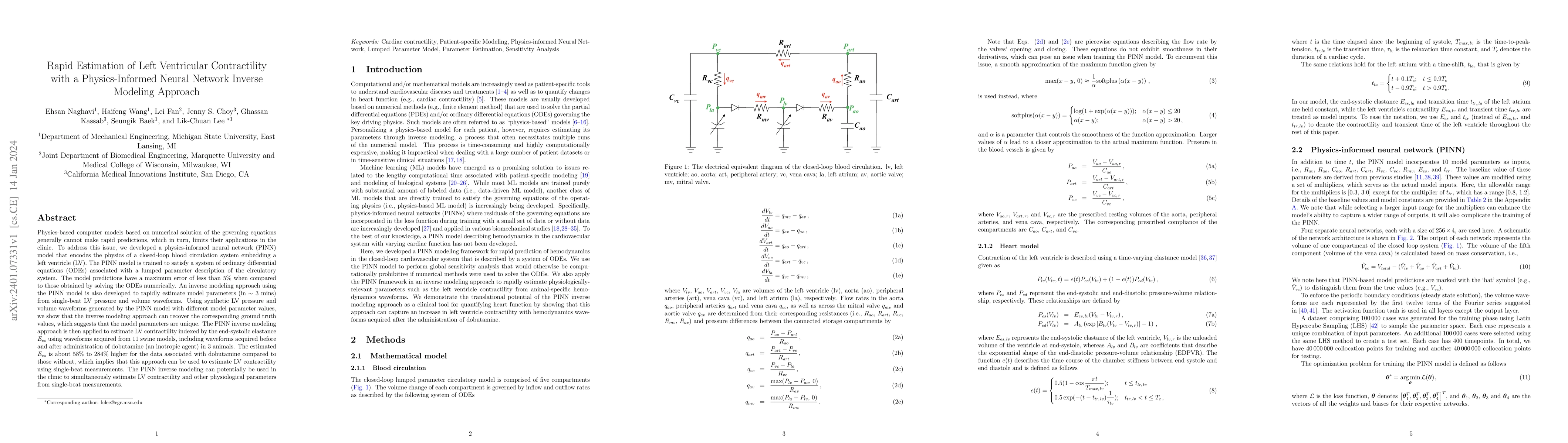 Thumbnail for Rapid Estimation of Left Ventricular Contractility with a
  Physics-Informed Neural Network Inverse Modeling Approach