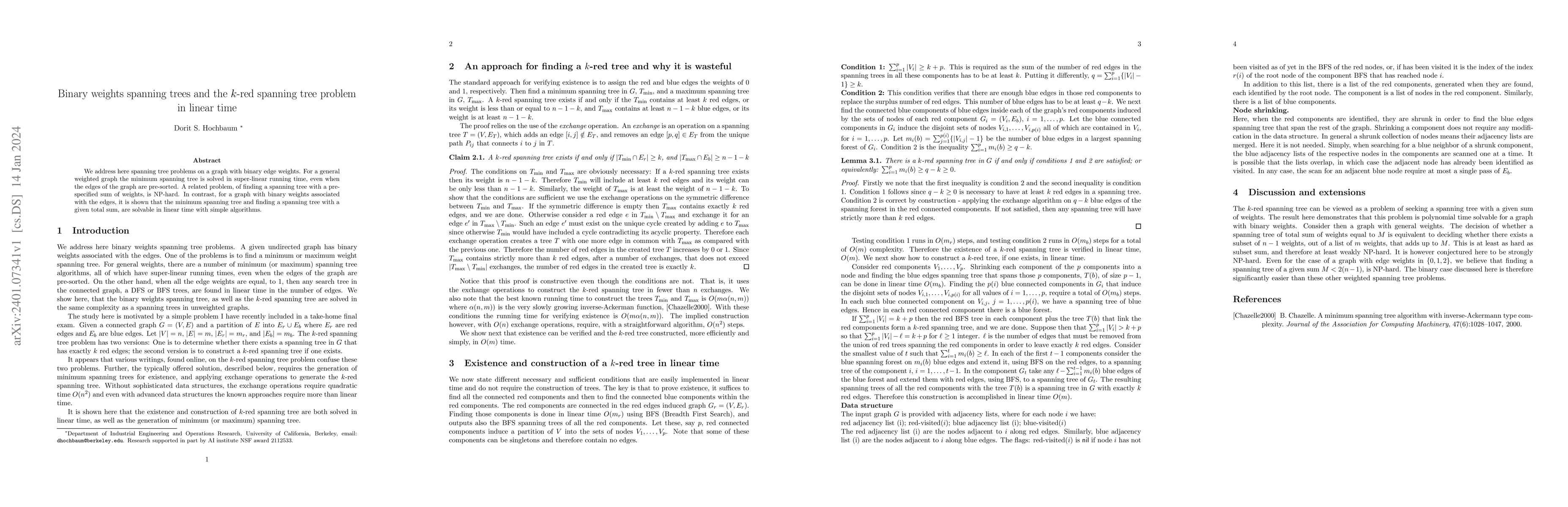 Thumbnail for Binary weights spanning trees and the $k$-red spanning tree problem in
  linear time